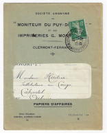 CLERMONT FERRAND PREF Papier D'affaires Enveloppe Fenêtre AVEC DOCUMENT Entête Moniteur 5c Semeuse Vert Yv 137 Ob 1913 - 1877-1920: Période Semi Moderne