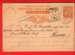 ZWI-50  Cartolina-Vaglia Viaggiata In 1892 To Torino  Vede Scan Retro - Used