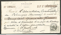 Belgique - Leopold II N°78 Obl. TOURNAI (Station) Du 27/1/09 Sur Reçu C.Bonneville Architecte Tournai - 1905 Grosse Barbe