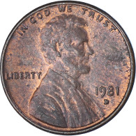 Monnaie, États-Unis, Lincoln Cent, Cent, 1981, U.S. Mint, Denver, TB+, Laiton - 1959-…: Lincoln, Memorial Reverse