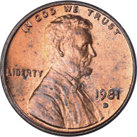 Monnaie, États-Unis, Lincoln Cent, Cent, 1981, U.S. Mint, Denver, TTB, Laiton - 1959-…: Lincoln, Memorial Reverse