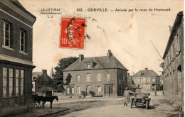 OURVILLE  -  76  - Arrivée Par La Route Du Hanouard   (  Carte Rare ) Attelage De Chevaux  - Vieille Voiture - Boucherie - Ourville En Caux