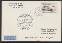 1989, Interflug, First Flight Card, Javornik-Athen Greece, Feeder Mail - Poste Aérienne