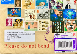 GREAT BRITAIN 2023, COVER REGISTER, USED TO INDIA, BIRD, FOOTBALL, CHRISTMAS, MASK, HUMOR, MILLENNIUM 16 STAMP, 6  POUND - Unclassified