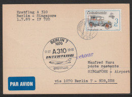 1989, Interflug, First Flight Card, Javornik-Singapore, Feeder Mail - Poste Aérienne