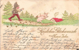 Gaufrée 1901 Herzlichen Glückwunsch Zum Neuen Jahr ! - Nain Cochon Zwerg  Schwein Piggy Dwarf Farfadet Lutin - Neujahr