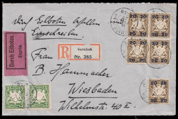 1920 BAYERN EXPRESS R-BRIEF 5Pf(2) Mi.75, 20Pf A. 3 Pf (5) 77 II VIERERBLOCK GARMISCH N. WIESBADEN - Covers & Documents