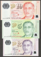 Set 3 Pcs Singapore 2 5 10 Dollars Polymer Random Year UNC - Singapour