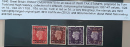1940 Rare Overprint Essay For WAR TAX STAMPS On GB 1937 KGVI With BPA Cert (Great Britain King George VI WW2 War 1939-45 - Neufs