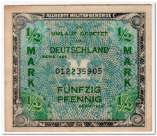 GERMANY,ALLIED OCCUPATION BANKNOTE ,1/2 MARK,1944,P.191,XF - 1/2 Mark