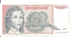 YOUGOSLAVIE 50 MILLION DINARA 1993 VF P 123 - Yougoslavie