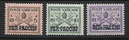 VATICAN 1931 Colis Postaux YT 1 à 3 Neufs ** - Armoiries Pontificales Noir Sur Couleur Avec Surcharge PER PACCHI - Postpakketten