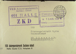 DDR: Fern-Brief Mit ZKD-Kastenstempel "VEB Autoreparaturwek Sachsen-Anhalt 401 HALLE" Vom 18.8.65 Nach Eisenach - Central Mail Service