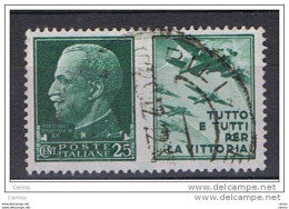 REGNO  VARIETA':  1942  PROPAGANDA  DI  GUERRA  -  25 C. VERDE  US. -  CORONA  CAPOVOLTA -  C.E.I. 463 C - Propaganda De Guerra