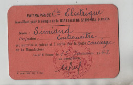 Entreprise Compagnie Electrique Manufacture Nationale D'Armes Simiand Contremaître Saint Etienne 1948 - Membership Cards