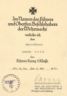Verleihungsurkunde Eiserne Kreuz 1. Klasse An Unteroffizier Joachim Salm 1941 I-II - War 1939-45