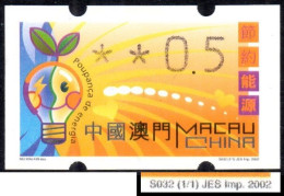 2002 China Macau ATM Stamps Save Energy / MNH / Klussendorf Automatenmarken Etiquetas Automatici Distributeur - Distributeurs