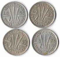 AUSTRALIE ELISABETH II, 3 Pence,     Argent , Lot De 4 Pièces  TTB - Unclassified