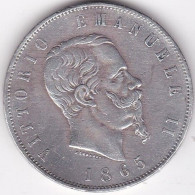 Italie 5 Lire 1865 T Turin ,Victor Emmanuel II, En Argent - 1861-1878 : Victor Emmanuel II.