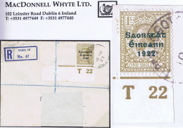 Ireland 1922 Thom Saorstat 3-line 1s Control T22 Imperf Used On Registered Cover BAGGOT ST DUBLIN - Covers & Documents