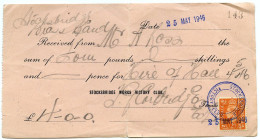 STOCKSBRIDGE WORKS VICTORIA CLUB / BRASS BAND - RECEIPT, 1946 / HIRE OF HALL - Royaume-Uni