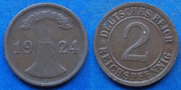 GERMANY - 2 Reichspfennig 1924 J KM# 38 Weimar Republic Reichsmark Coinage (1924-1938) - Edelweiss Coins - 2 Rentenpfennig & 2 Reichspfennig