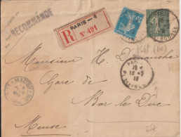 1919 - ENV. ENTIER POSTAL SEMEUSE RECOMANDEE Avec PERFORE "MA" De MAURY à PARIS - RARE ENSEMBLE - Brieven En Documenten
