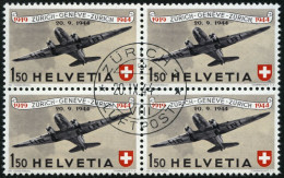 SCHWEIZ BUNDESPOST 438 VB O, 1944, 1.50 Fr. 25 Jahre Flugpost Im Zentrisch Gestempelten Viererblock, Pracht - Gebraucht