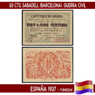 C0953.1# España 1937. 50 Cts. Sabadell (Barcelona) (UNC) TUR#2234 - 1-2 Peseten