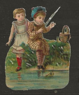 Découpis Gaufré Enfants Faisant De La Peche Année 1900 - Kinderen