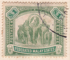 FEDERATED MALAY STATES FMS 1907 $1 Wmk.MCA Sc#34 - USED Fiscal Cancel / Paper Stuck To Back @TE239 - Federated Malay States