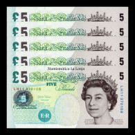 Gran Bretaña Great Britain Lot 5 Banknotes 5 Pounds Elizabeth II 2002 Pick 391d Sc Unc - 5 Pounds