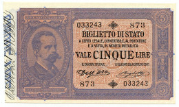 5 LIRE BIGLIETTO DI STATO EFFIGE UMBERTO I 25/10/1892 FDS-/FDS - Otros