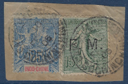 Fragment INDOCHINE N°20 Mixte Franchise Militaire N°3 Semeuse Lignée 15c Vert Olive Oblitérés Dateur " CAP ST JACQUES " - Covers & Documents