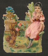 Découpis Gaufrée Jeune Fille Avec Son Chien Année 1900 - Enfants