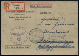POTSDAM 1/ B 1941 (9.6.) 2K-Steg + RZ: Potsda 1/o (Randmäng.) + 1K-HdN: Wehrersatz-Jnspektion/Potsdam Auf Portofreier, N - WW2