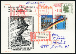 1000 BERLIN 30/ PHILATELIE GRENZENLOS/ BERLIN.. 1990 (9.11.) AFS Francotyp 110 Pf. = Brandenbg. Tor Auf Amtl. P 30 Pf. V - Denkmäler