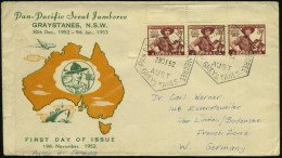 AUSTRALIEN 1952 (29.12.) 3 1/2 P. "Pan-Pacific Scout Jamboree", Reine MeF: Bogen-Eckrand-3er-Streifen + SSt.: GREYSTANES - Briefe U. Dokumente