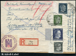 DT.BES.LETTLAND 1944 (21.12.) 2K-Steg: RIGA/c/DDPO 3x (teils Undeutl.) Auf Hitler 1 Pf., 4 Pf. 5 Pf. U. 80 Pf. + RZ: Rig - Red Cross