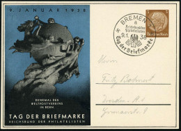 BREMEN 1/ A/ ..Tag Der Briefmarke 1938 (9.1.) SSt Auf PP 3 Pf. Hindenbg. , Braun: TAG DER BRIEFMARKE = UPU-Denkmal Bern, - UPU (Universal Postal Union)