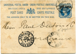 INDE ANGLAISE ENTIER POSTAL AVEC CACHET " SEA POST OFFICE MA 26 98 " DEPART BOMBAY ? MA 98 POUR LA FRANCE - 1882-1901 Imperium