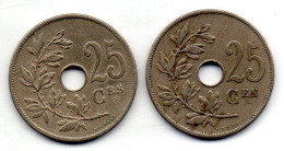 BELGIUM - Set Of Two Coins 25 Centimes, Copper-Nickel, Year 1909, 1908, KM # 62, 63, French & Dutch Legend - 25 Cents