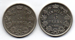 BELGIUM - Set Of Two Coins 5 Francs, Nickel, Year 1931, 1932, KM # 97.1, 98, French & Dutch Legend - 5 Francs & 1 Belga