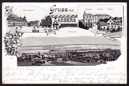 1900 Gelaufene Litho AK: Gruss Aus Aarberg. 3 Bildrig Mit Bahnhof Und Post. Rückseitig Leicht Fleckig. Bahnstempel. - Aarberg
