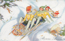 Bonne Année Jeune Femmes Sur Une Luge Bob 1924 Chute D'un Enfant - Neujahr