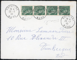 Obl. 411 - 2 Paires Verticales Du 25c. Mercure Vert, Surch. Dunkerque, Obl. S/devant De Lettre Frappée Du CàD De GHYVELD - Kriegsmarken