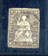 1854-62 SVIZZERA N.26 5r, Bruno, USATO, Assotigliato In Basso A Destra - Usados