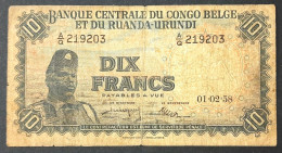 BELGIAN CONGO & RUANDA URUNDI 1958 10 Francs Used Note - Bank Belg. Kongo