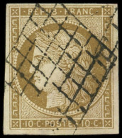 EMISSION DE 1849 - 1b   10c. Bistre-VERDATRE, Obl. GRILLE, TB. J - 1849-1850 Ceres