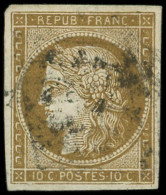 EMISSION DE 1849 - 1c   10c. Bistre-VERDATRE FONCE, Obl. GRILLE, Frappe Trouble, TB. Br - 1849-1850 Ceres